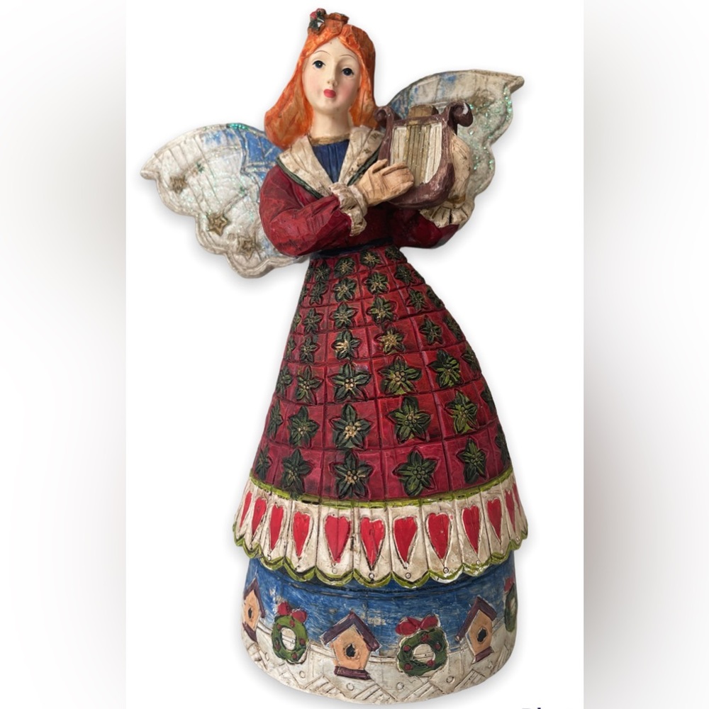 Whimsical Carved Resin Angel In Red Dress Playing Harp Joy Of Christmas